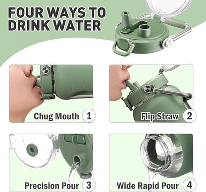 84oz Glass Water Bottle with Stainless Steel Handle,2.5L Gallon Water Bottle With 2-IN-1 Straw Lid, Silicone Sleeve and Motivational Capacity Marker, Wide Mouth Water Jug For Gym, Workout, Olive