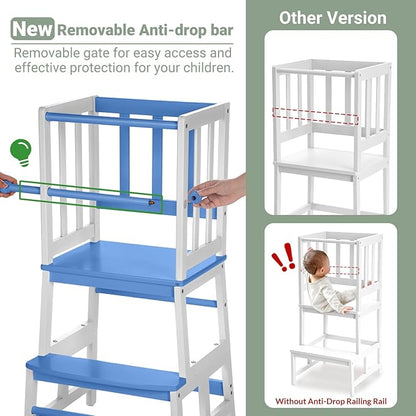 COSYLAND Kids Kitchen Step Stool, Toddler Standing Tower with CPC & FSC Certification, Removable Anti-Drop Railing Safety Rail Enjoys Unique Patented Design A Anti-tip Stable Structure Blue & White