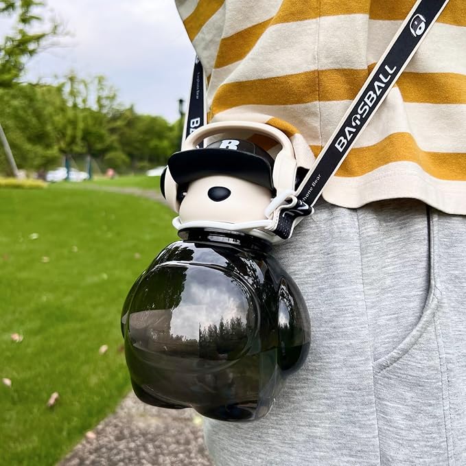 Black Leak-Proof Water Bottle with Flip Top Reusable Plastic Drinking Bottle for School, Gym and Workout (Bear with Earphone)