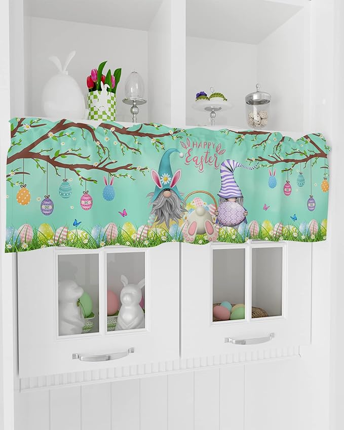 Easter Day Valances Kitchen Curtains for Windows, Easter Gnomes Bunny Tails Eggs Tree Rod Pocket Valances Green Spring Decorations Short Curtains for Bedroom/Living Room,54" X 18" -1 Panel