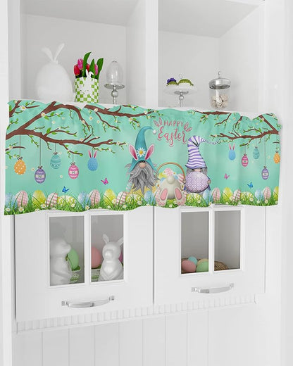Easter Day Valances Kitchen Curtains for Windows, Easter Gnomes Bunny Tails Eggs Tree Rod Pocket Valances Green Spring Decorations Short Curtains for Bedroom/Living Room,54" X 18" -1 Panel