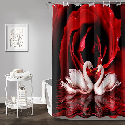 AILONEN 3D Printed Rose Shower Curtain,Red Rose Bath Curtain, White Swan Shower Curtain for Bathroom Decor,72" W*84" H Polyester Waterproof Bath Curtain with 12 Hooks