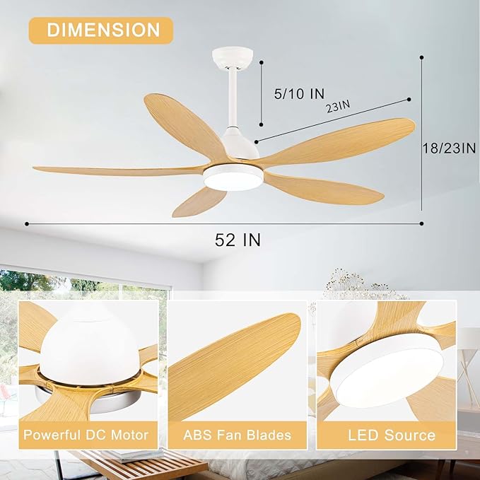 Modern Ceiling Fans with Lights Remote Control, Farmhouse Fandaliers with LED Light Kit and 5 ABS Fan Blades,52 Inch Ceiling Fan Chandeliers for Living Room, Kitchen, Bedroom