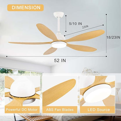 Modern Ceiling Fans with Lights Remote Control, Farmhouse Fandaliers with LED Light Kit and 5 ABS Fan Blades,52 Inch Ceiling Fan Chandeliers for Living Room, Kitchen, Bedroom