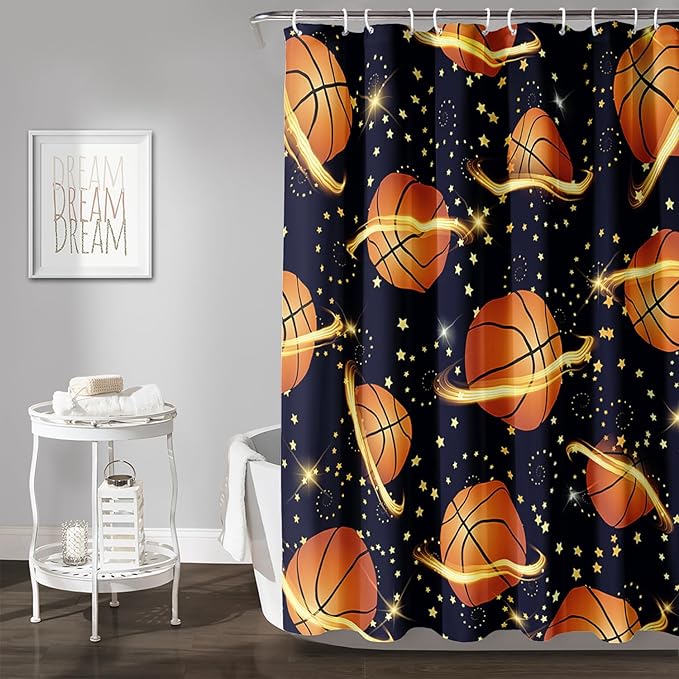 AILONEN Sports Basketball Shower Curtain for Bathroom, Space Planet Ball Print Bath Curtain,Yellow Star Basketball Kids Boys Bathroom Decor Waterproof 48" W*72" H Inch with 12 Plastic Hooks