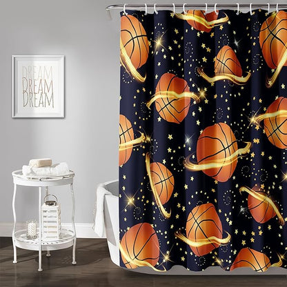AILONEN Sports Basketball Shower Curtain for Bathroom, Space Planet Ball Print Bath Curtain,Yellow Star Basketball Kids Boys Bathroom Decor Waterproof 48" W*72" H Inch with 12 Plastic Hooks
