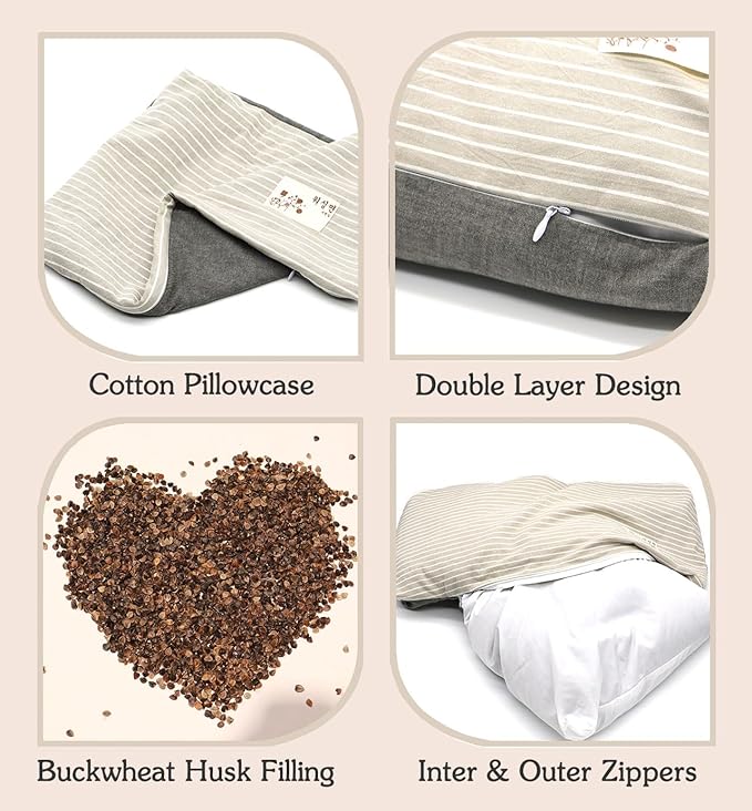 Adjustable Firmness Buckwheat Pillow, Neck Support Buckwheat Pillows for Sleeping with Buckwheat Hulls and Cotton Cover for Back Side Sleepers, as Meditation Cushion, Khaki 20"X12"