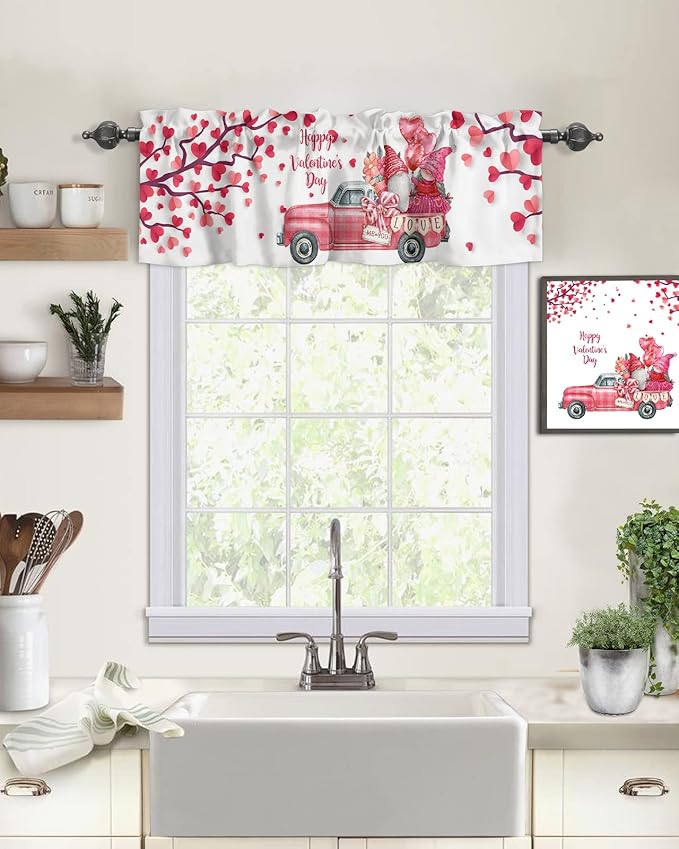 Happy Valentine's Day Valances Kitchen Curtains for Windows,Valentines Gnomes Farmhouse Trucks Rod Pocket Valances Pink Hearts Tree Decor Short Curtains for Bedroom/Living Room,54" X 18" -1 Panel