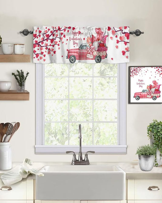 Happy Valentine's Day Valances Kitchen Curtains for Windows,Valentines Gnomes Farmhouse Trucks Rod Pocket Valances Pink Hearts Tree Decor Short Curtains for Bedroom/Living Room,54" X 18" -1 Panel