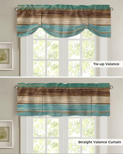 Farmhouse Blackout Tie Up Valance Curtains for Kitchen Windows Teal Turquoise Green Brown Country Window Toppers Balloon Shades for Living Room/Bathroom/Bedroom,42" X 12" Retro Rustic Barn Wood