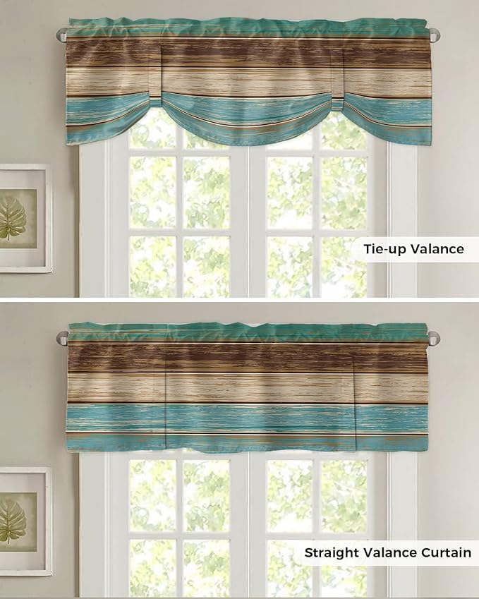 Farmhouse Blackout Tie Up Valance Curtains for Kitchen Windows Teal Turquoise Green Brown Country Window Toppers Balloon Shades for Living Room/Bathroom/Bedroom,42" X 18" Retro Rustic Barn Wood