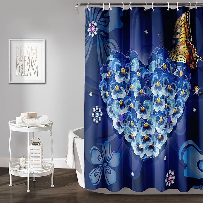 AILONEN Blue Floral Shower Curtain for Girls,Beautiful Butterfly Heart Flower Bath Curtain for Bathroom,Blue Print Polyester Waterproof with 12 Plastic Hooks,60" W*72" H Blue