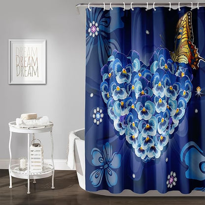 AILONEN Blue Floral Shower Curtain for Girls,Beautiful Butterfly Heart Flower Bath Curtain for Bathroom,Blue Print Polyester Waterproof with 12 Plastic Hooks, 72" W*78" H Blue