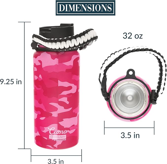 Pavilion - Good Mom 32 oz. Stainless Steel Water Bottle, Double Wall Tumbler Flask with Paracord Handle, Sports Water Cup, Gift For Mom, Mothers Day Gifts, Camouflage Bottle, 1 Count, Pink