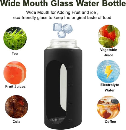 64 Oz Glass Water Bottle with Straw and Lid, Sports Motivational Water Bottle, Leakproof Water Jug Fitness with Silicone Sleeve for Gym, Black