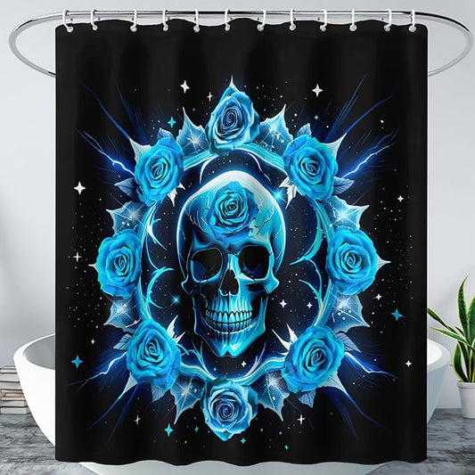 AILONEN Sugar Skull Shower Curtain for Bathroom,Blue Rose Flower Bath Curtain,Romantic Floral Skeleton Decor Bathroom Waterproof Curtain with 12 Plastic Hooks, 72" W*72" H