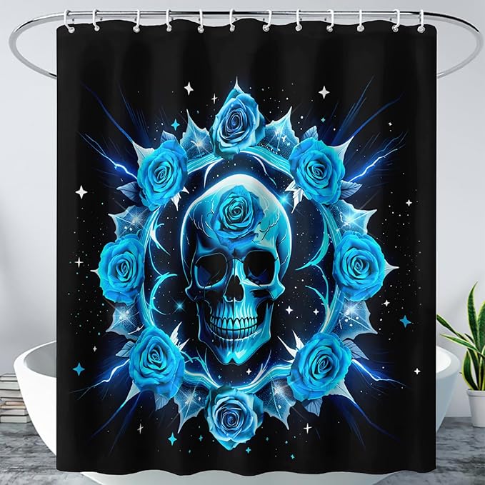 AILONEN Sugar Skull Shower Curtain for Bathroom,Blue Rose Flower Bath Curtain,Romantic Floral Skeleton Decor Bathroom Waterproof Curtain with 12 Plastic Hooks, 72" W*96" H