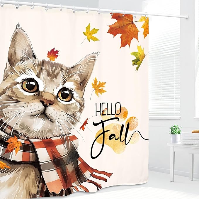 Autumn Funny Shower Curtain 60Wx72L Inch Cute Cat Hello Fall Maple Harvest Pet Seasonal Lovely Thanksgiving Bathroom Set Accessories Decor with 12 Pack Hooks