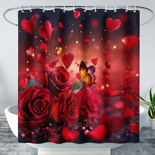 AILONEN 3D Rose Shower Curtain for Bathroom, Red Rose Hearts Print Bath Curtain,Romantic Rose Flower Shower Curtain Decoration Waterproof with 12 Plastic Hooks, 72" W*78" H