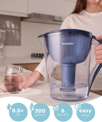 Alkaline Water Filter Pitcher 8 Cup, Free Filter Cartridge Included, Increases Water pH, Removes Lead, Chlorine, Copper. Fast Filtration, Water Purifier Pitcher