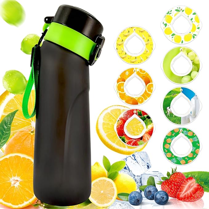 Air Water Bottle with 7 Flavor Pods, 750ML Large Capacity Drinking Bottle,Sports Water Cup with Straw Suitable for Gym and Outdoor Games(Black-Green+7Pods)