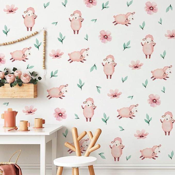 5 Sheets Cartoon Animal Wall Decal Removable DIY Pink Sheep Wall Decal Peel and Stick Flowers and Leaves Wall Stickers Wall Art for Baby Nursery Bedroom Living Room Playroom Decor