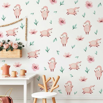 5 Sheets Cartoon Animal Wall Decal Removable DIY Pink Sheep Wall Decal Peel and Stick Flowers and Leaves Wall Stickers Wall Art for Baby Nursery Bedroom Living Room Playroom Decor