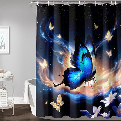 AILONEN Butterfly Shower Curtain,Blue Butterfly Bath Curtain for Girls Kids Women,Glowing Starry Flower Butterfly Decoration Bathroom Waterproof Curtain with 12 Plastic Hooks, 48" W*72" H