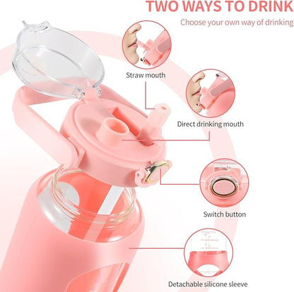 64oz Glass Water Bottle with Straw and Handle - Half Gallon Motivational Water Jug with Time Marker and Silicone Sleeve, Leak proof Wide Mouth Water Flask for Gym, Sports, and Daily Use (Pink)