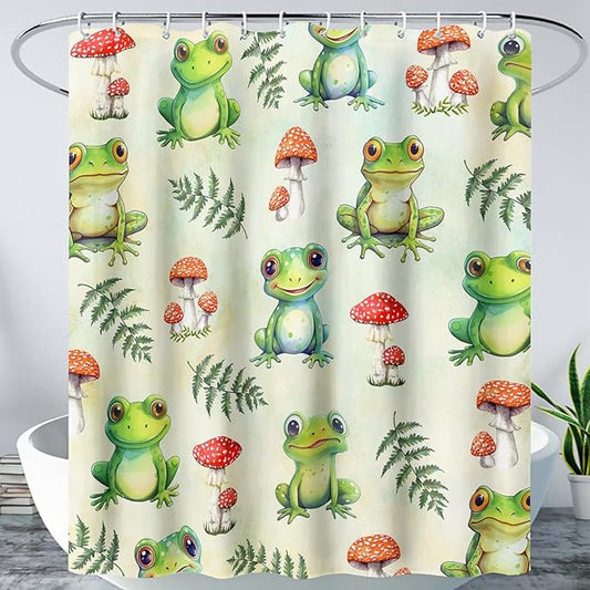 AILONEN Cute Frog Shower Curtain for Bathroom, Mushroom and Frog Bath Curtain,Amphibians Fungus Printed Waterproof Curtain with 12 Plastic Hooks,Green 72" W*84" H