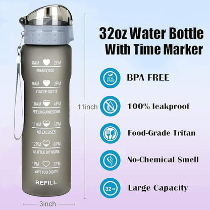 XACIOA Water Bottle with Straw,32oz Plastic Cup with Motivational Time Marker,1L Tritan Sport Lightweight Leakproof BPA-Free,Wide Mouth Fast Flow Ensure You Have Times to Drink,with Straw & Cup Brush