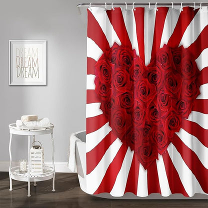 AILONEN Red Rose Hearts Print Shower Curtain for Bathroom, Romantic Flower Red and White Stripe Bathroom Decor 60" W*72" H Bath Curtain Polyester Waterproof Shower Curtain with 12 Hooks