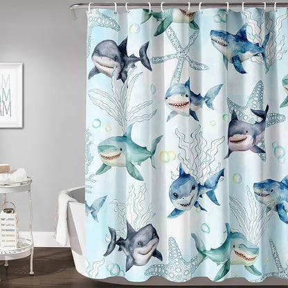 AILONEN Shark Shower Curtain for Bathroom, Cute Shark Bathroom Curtain,Blue Tie Dye Ocean Theme Bath Curtain 72" W*96" H Polyester Waterproof Children Boys Bathroom Curtain with 12 Hooks