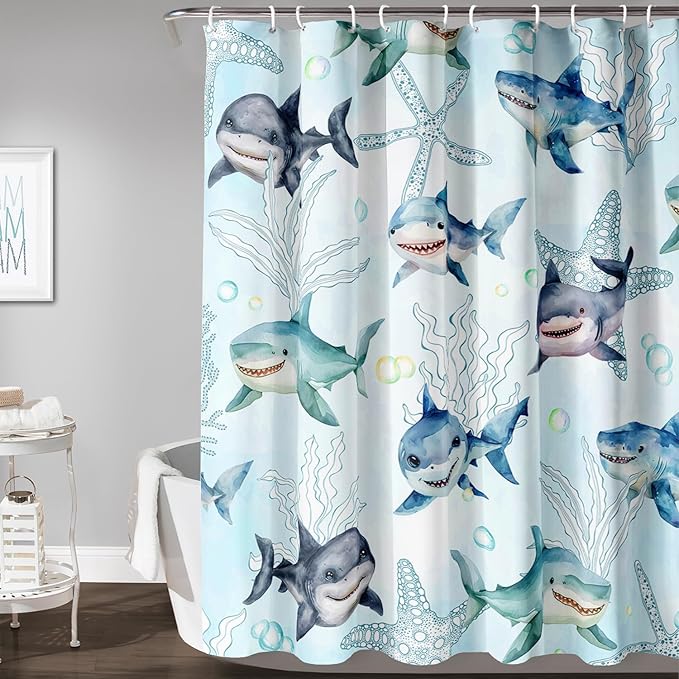 AILONEN Shark Shower Curtain for Bathroom, Cute Shark Bathroom Curtain,Blue Tie Dye Ocean Theme Bath Curtain 72" W*72" H Polyester Waterproof Children Boys Bathroom Curtain with 12 Hooks