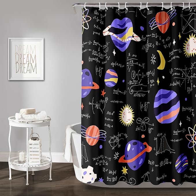 AILONEN Solar System Shower Curtain,Math Galaxy Purple Planet Bath Curtain for Bathroom Decor,Cartoon Planet Polyester Waterproof with 12 Plastic Hooks 72" W*84" H