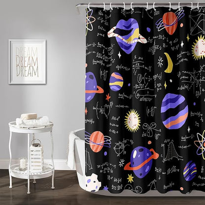 AILONEN Solar System Shower Curtain,Math Galaxy Purple Planet Bath Curtain for Bathroom Decor,Cartoon Planet Polyester Waterproof with 12 Plastic Hooks 72" W*84" H