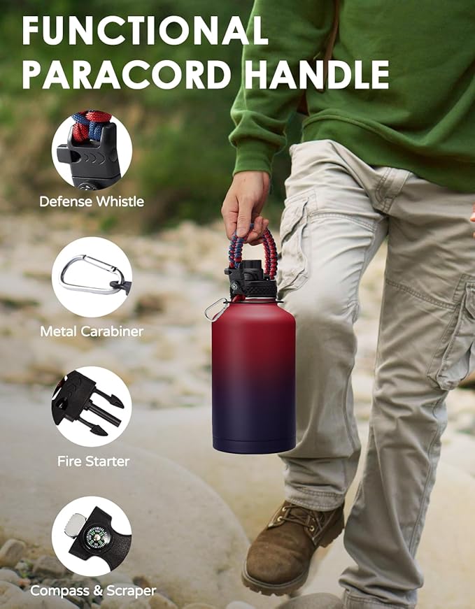 64 128 oz Water Bottle - Half Gallon Insulated Water Bottle with Straw Keep Ice Cold-48H & Hot-24H, 64 oz Metal Insulated Hydro Jug with Paracord Handle, Water Bottle Sleeve, Protective Boot