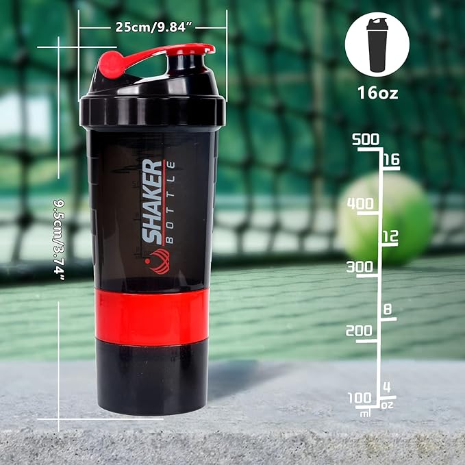 Shaker Bottle 16OZ Protein Shaker Bottles with Mix Ball Sports Water Bottle Leak Proof GYM Cup for Protein Mixes with Powder Storage & Pill Organizer, Ideal for Pre Workout,BPA Free(red)