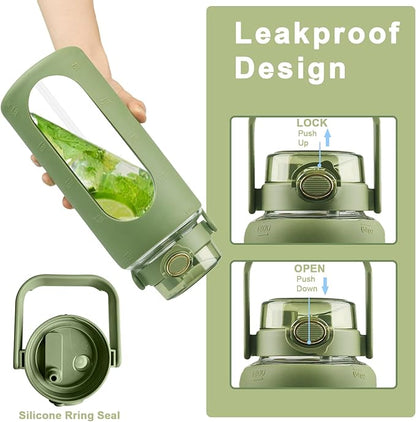 64 Oz Glass Water Bottle with Straw and Lid, Sports Motivational Water Bottle, Leakproof Water Jug Fitness with Silicone Sleeve for Gym, Green