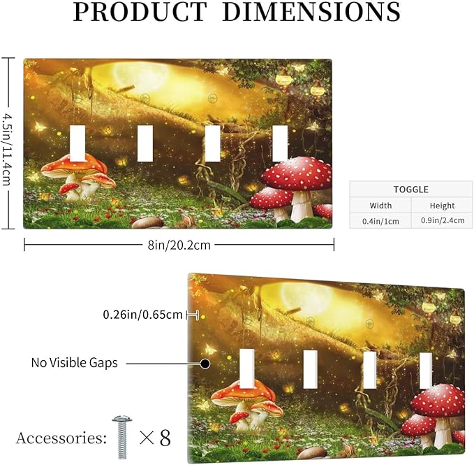 Red Mushroom Forest Fairy Moon Butterfly Quad Toggle Bohemian Light Switch Covers Decorative 4 Gang Wall Plate Electrical Faceplate Switchplate for Kidroom Nursery Bedroom Decor
