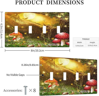 Red Mushroom Forest Fairy Moon Butterfly Quad Toggle Bohemian Light Switch Covers Decorative 4 Gang Wall Plate Electrical Faceplate Switchplate for Kidroom Nursery Bedroom Decor