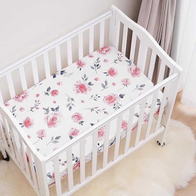 3 Pack Mini Crib Sheets, Premium Pack N Play Sheets for Boys Girls Neutral, Soft Breathable Baby Sheets Fit Pack N Play, Playard and Mini Crib Mattresses, Floral Flowers