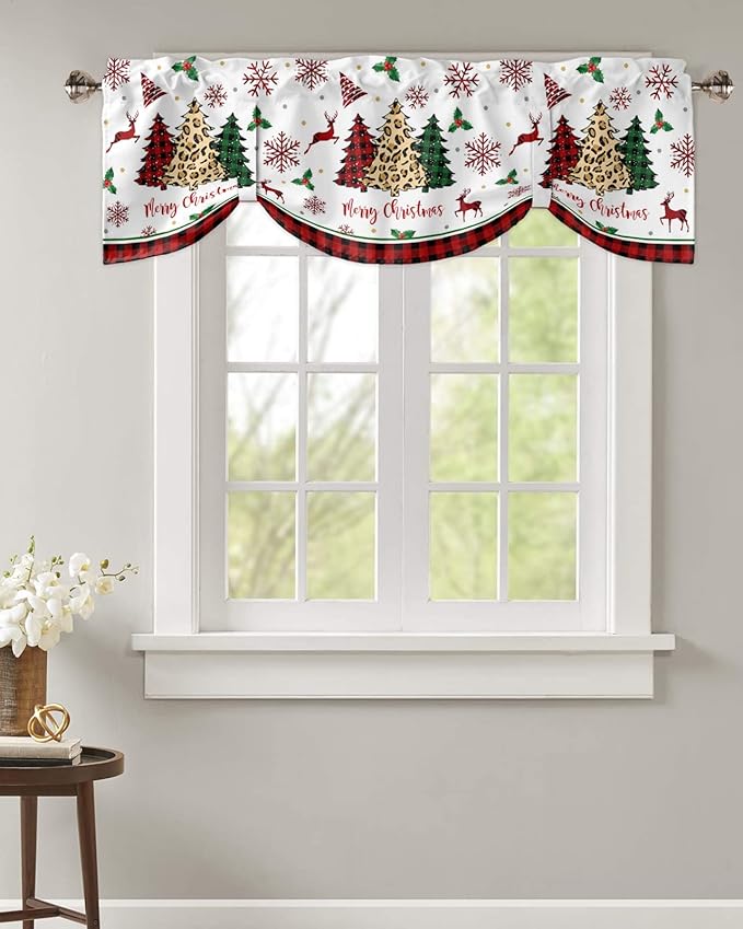 Merry Christmas Blackout Tie Up Valance Curtains for Kitchen Windows Farm Christmas Tree Buffalo Plaid Leopard Window Toppers Balloon Shades for Living Room/Bathroom/Bedroom,60" X 18" Holiday Decor