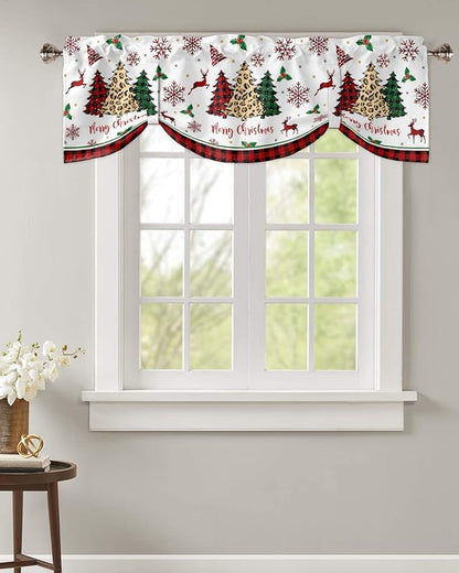 Merry Christmas Blackout Tie Up Valance Curtains for Kitchen Windows Farm Christmas Tree Buffalo Plaid Leopard Window Toppers Balloon Shades for Living Room/Bathroom/Bedroom,60" X 18" Holiday Decor