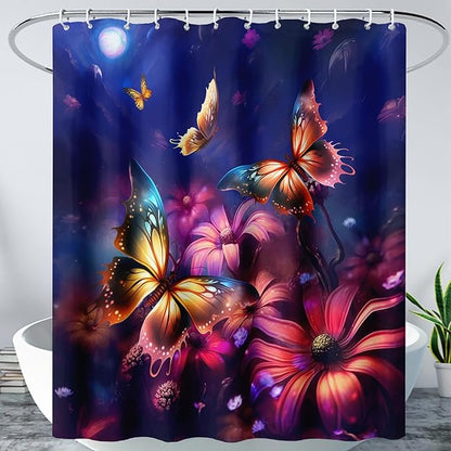 AILONEN Beautiful Butterfly Shower Curtain for Kids Girls Boys, Colorful Butterfly with Flower Bath Curtains for Bathroom,Boho Style Natural Plants Shower Curtain Set with Hooks,72" W*72" H