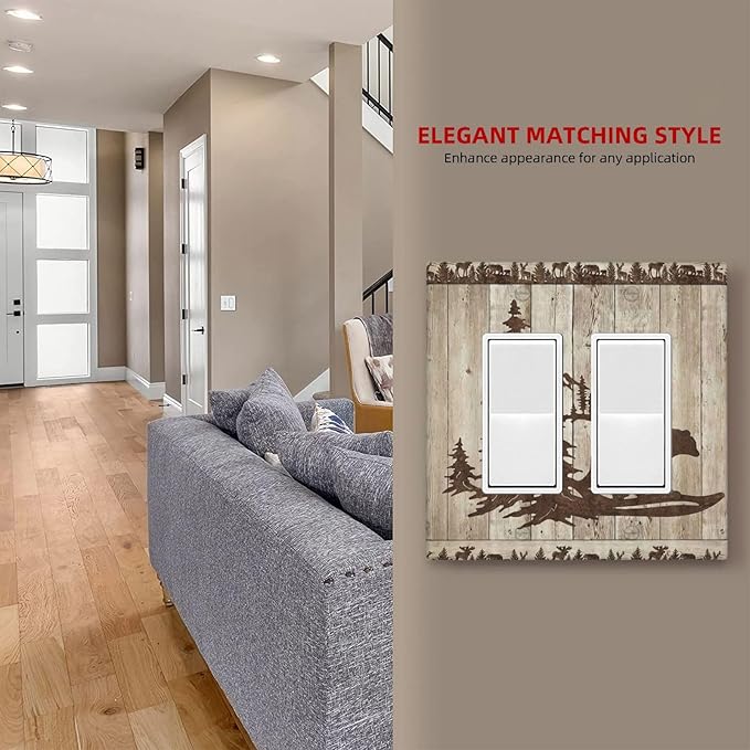 Rustic Wood Bear Forest 2 Gang Rocker Decora Light Switch Cover Decorative Vintage Antique Cabin Outlet Covers Wall Plate Electrical Faceplate Switchcovers GFCI for Farmhouse Bathroom Bedroom Decor