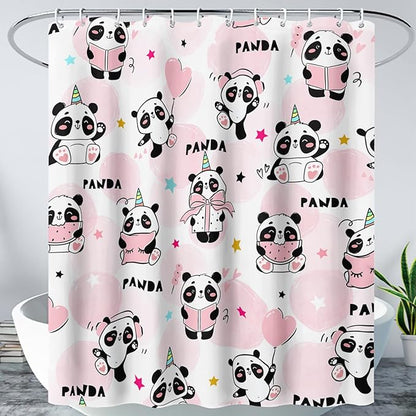 AILONEN Panda Shower Curtain for Bathroom, Cute Kawaii Panda Kids Bathroom Curtain,Pink Cartoon Bath Curtain 48" W*72" H Polyester Waterproof Bathroom Curtain with 12 Hooks