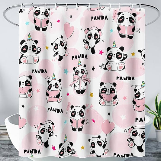 AILONEN Panda Shower Curtain for Bathroom, Cute Kawaii Panda Kids Bathroom Curtain,Pink Cartoon Bath Curtain 60" W*72" H Polyester Waterproof Bathroom Curtain with 12 Hooks