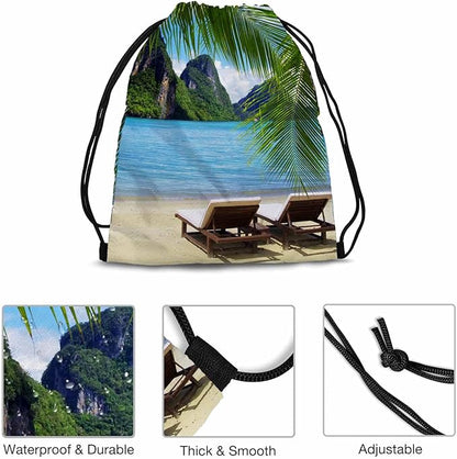 Summer Beach Drawstring Bags Sports Bag Two Beach Chairs Blue Sea Green Palm Distant Mountain Warm Sun Draw String Back Bag Men Women Adults 14x16.9 Inch