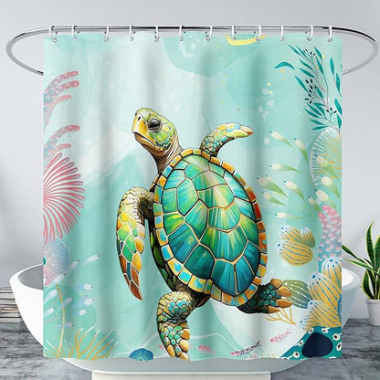 AILONEN Cute Sea Turtle Shower Curtain,Cartoon Turtle with Water Plant Shower Curtain Set for Bathroom,Kawaii Ocean Animal Theme Waterproof Fabric Shower Curtain with Hooks,72" W*96" H